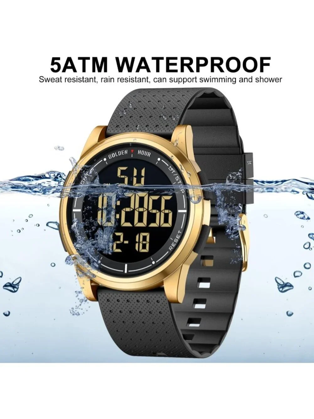 Men Gold Black Rubber Strap Ultra-Thin Minimalist Sport Waterproof Digital Watch
